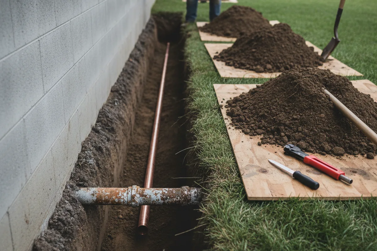 Excavated water line trench during Water Softener Installation in Stoneham